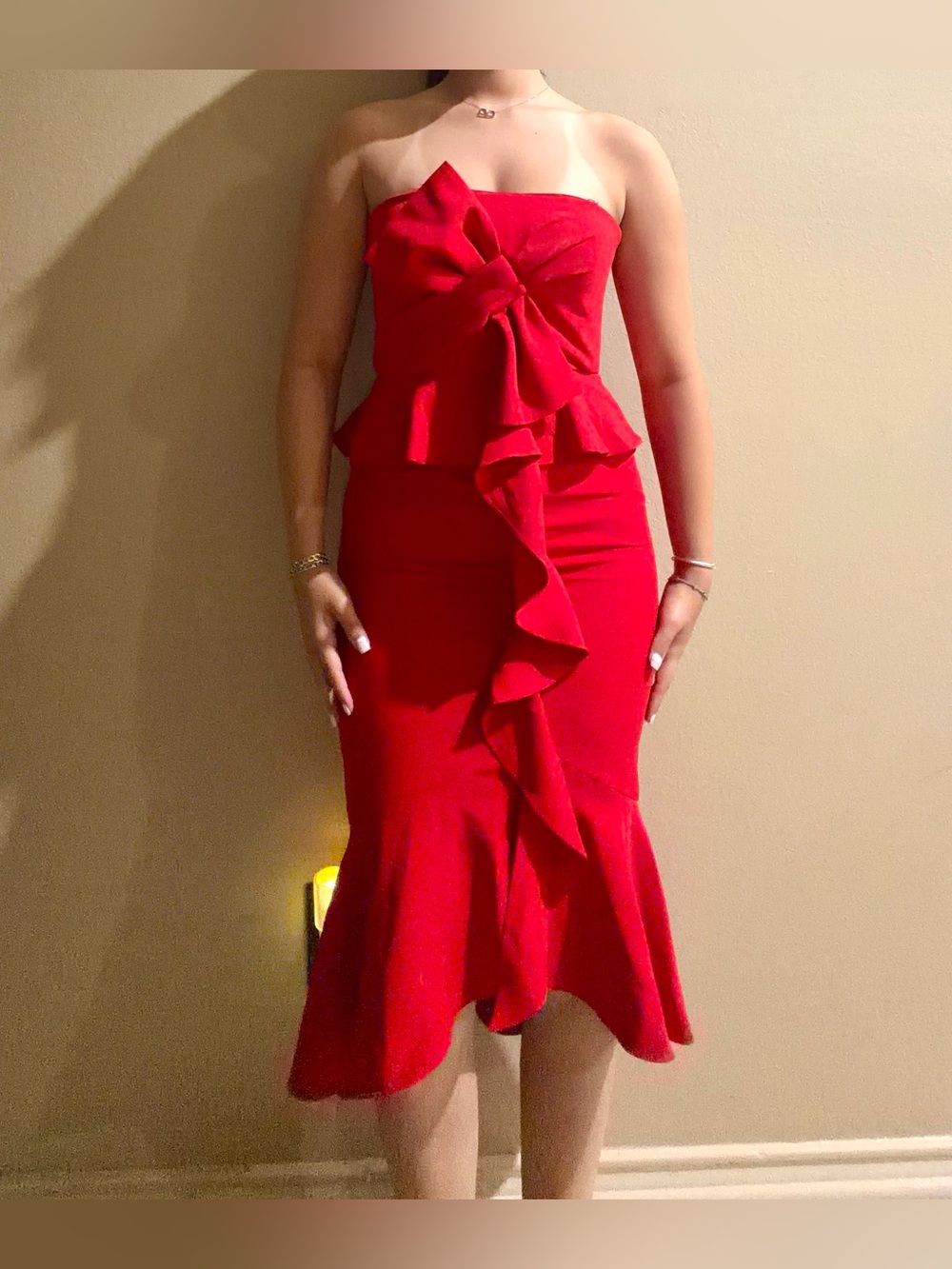 Strapless Red Ruffle Midi Dress